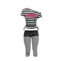 Conjunto de 2 Piezas de Ropa Urbana de Verano 2026, Top Estampado a Rayas, Pantalones Cortos Capri de Cintura Alta con Encaje, Atuendos Casuales Elegantes