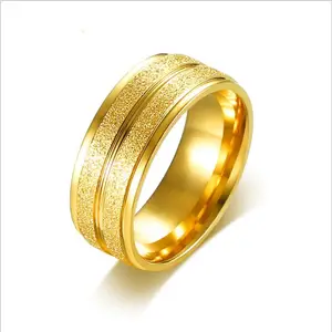 Accessories Face Width 8MM StainlessSteel Frosted Groove Ring Men's 24kt Gold Ring