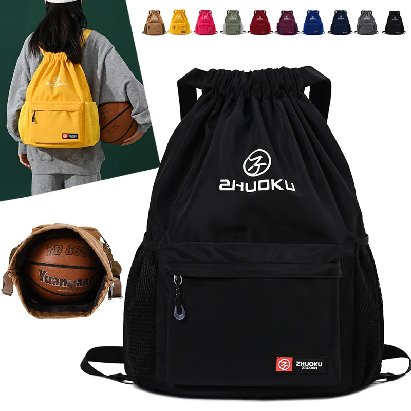 Mochila deportiva de poliéster y nailon con logotipo personalizado, bolsa deportiva de gimnasio con cordón, impermeable, colorida, venta al por mayor