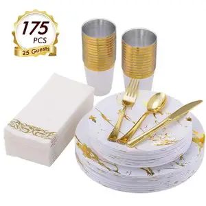 Blanco y oro de plástico desechables 25 juegos de vajilla