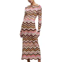 세련된 우아한 쉐브론 패턴 컬러 차단 스트라이프 니트 맥시 스웨터 드레스 여성