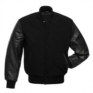 Chaqueta Universitaria Personalizada Negra con Mangas de Cuero Negro, Chaqueta Bomber de Béisbol para Hombre, Chaqueta de Equipo Universitario Personalizada - Product Image 1