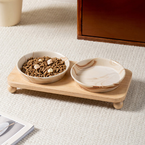 Minimalist style slanted round plate with <b>oak</b> bowl stand to prevent tipping, ceramic pet bowl, cat bowl, dog bowl with - Product Image 1