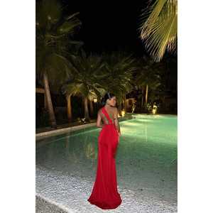 <b>Red</b> Satin Ball Gown Evening <b>Dress</b> XS Size <b>Floor</b>-<b>Length</b> Sequins Rhinestones Draping Pearls Flowers Feathers for Parties - Product Image 5