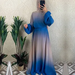 New design ombre chiffon abaya dress custom puffed sleeves gradient modest muslim dress with hijab