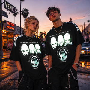Camiseta Negra de Algodón para Hombre con Logo de Marca Personalizado, Estilo Urbano, Oversize, Cuello Simulado, Reflectante, para Hombres de Marca - Product Image 1