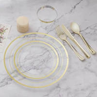 Services de vaisselle jetables dorés transparents, assiettes en plastique de qualité alimentaire anti-fuite pour fêtes, mariages et anniversaires, style classique