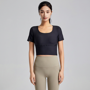 Wholesale Women's Ribbed Built-in <b>Bra</b> Yoga Top Breathable Square Neck Mesh <b>Back</b> Crop Top High Stretch Athletic Workout Shirt - Product Image 4