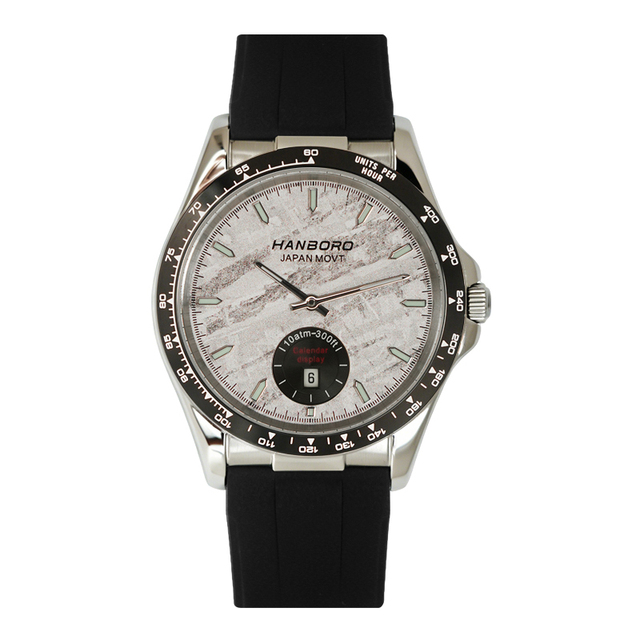 Polished Stainless Steel Quartz Wristwatch Crystal Silicone Meteorite Texture Date Display Tachymeter 5BAR Water Resistant Daily