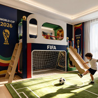 Lit mezzanine pour enfants JS Luxury en bois massif sur le thème du football avec filet de but de football, jeu sportif personnalisé pour garçons, idéal pour hôtels et appartements.