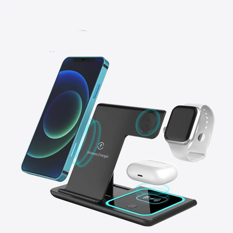 Customized 15W Portable Fold 3 in 1 Qi Fast Charging Wireless Magnetic Phone Charger Stand For iphone Foldable Wireless Charger