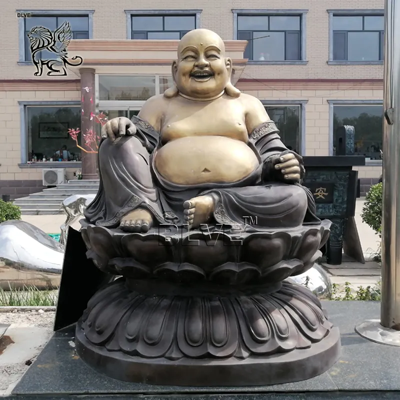 Буддизм в натуральную величину, большой живот, бронзовая статуя смеющегося Будды, металлическая статуя, сидящая счастливый Будда, Медная скульптура