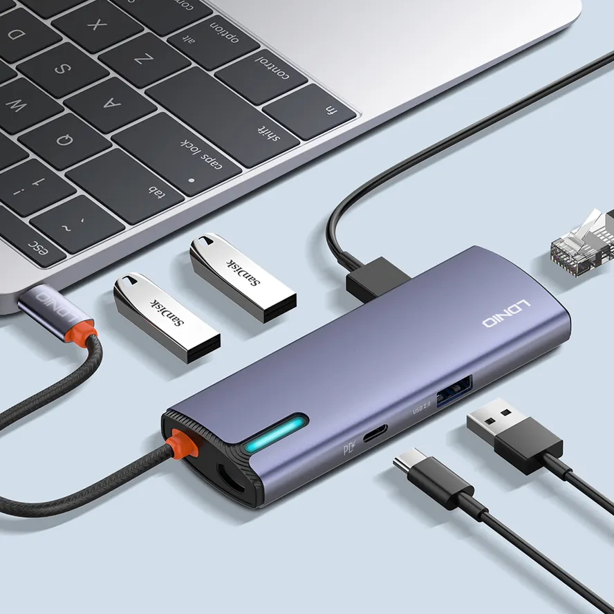 LDNIO DS-16U stasiun Dok tipe-c, Hub USB 6 dalam 1 ke Usb PD Power IOS Usb 3.1 Multi-port USB c Hub Mac buku Pc Usb