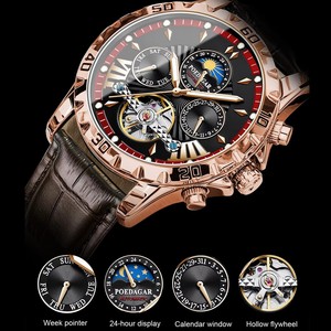 Reloj Mecánico POEDAGAR 1410 con Cronógrafo y Fase Lunar para Hombre, Luminoso, Automático, Correa <span class=keywords><strong>de</strong></span> Cuero, Resistente al Agua - Product Image 4