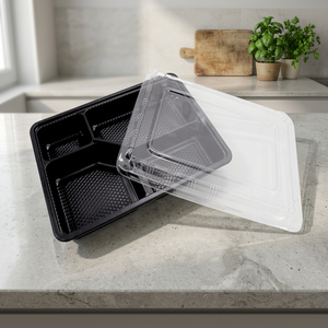 Conteneur alimentaire jetable en plastique à 1, 2 ou 4 compartiments avec couvercle, noir, boîte à lunch à emporter, préparation de repas, emballage alimentaire - Product Image 1
