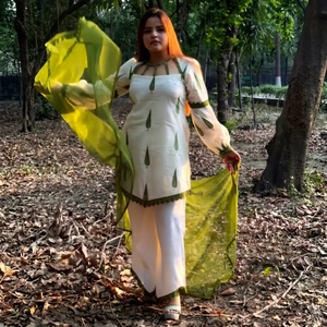<b>Women</b> White Digital Printed <b>Kurta</b> Set with Green Leaf Print Dupatta and Palazzo Pants Traditional Pakistani Suit - Product Image 1