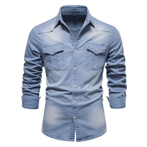 Nueva Camisa vaquera <span class=keywords><strong>sin</strong></span> planchar de talla americana para hombre, camisa informal de manga larga <span class=keywords><strong>sin</strong></span> planchar de Color sólido para hombre - Product Image 3