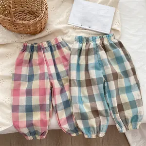 Pantalones a cuadros vintage para niñas, suaves, de verano, 2023