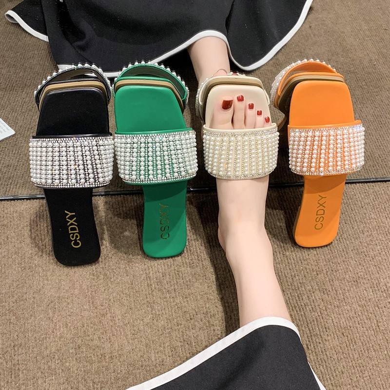 Ladies Pearl Arrangement slippers for Women Flat Sandals 868