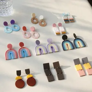 JUHU-pendientes de gota coloridos de arcilla polimérica para niña, aretes de acrílico Multicolor hechos a mano, joyería para niña