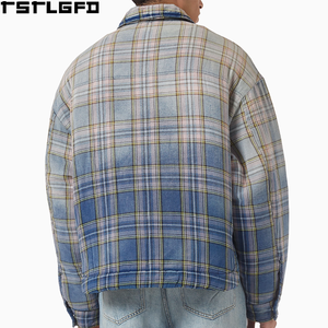 Surlieuse en coton brossé à carreaux bleu-gris, entièrement zippée, col rabattu, manches longues, ourlet élastique, décontractée, personnalisable, vente en gros, direct usine - Product Image 3