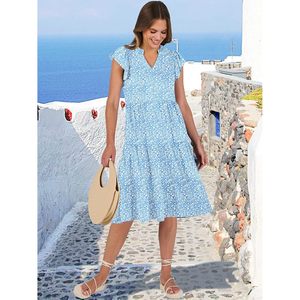 FOXA Robe d'été pour femme, col en V, longueur midi, imprimé floral, ligne A, décontractée, style bohème, pour les vacances à la plage - Product Image 5