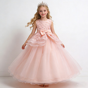 Robe de demoiselle d'honneur rose, robe de bal, col rond, jupe tutu pour enfants, pour fête de mariage, spectacle - Product Image 1