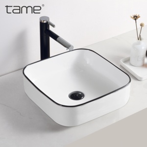 TAME <span class=keywords><strong>Meuble</strong></span> de salle de bain PZ6134-L3 carré de couleur blanche <span class=keywords><strong>avec</strong></span> ligne noire Lavabo de salle de bain Lavabo de comptoir Lavabo - Product Image 1