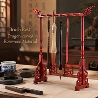 Support de pinceaux de calligraphie en bois de rose massif, fait main, avec base antidérapante – Support mural pour pinceaux chinois sculpté double dragon