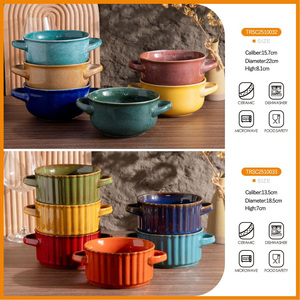 Color Glazed Ceramic <b>Soup</b> <b>Bowl</b> Customized Round <b>Soup</b> <b>Bowl</b> <b>with</b> Two <b>Handle</b> - Product Image 6