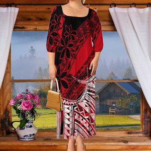 Lujo Isla del Pacífico Wear Puff manga Sexy elegante vestido escalonado SAMOAN tatuaje diseño de talla grande Falda recta para mujeres - Product Image 2