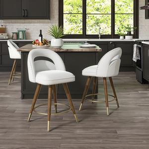 Set <strong>2</strong> 24-Inch Swivel Counter Height <strong>Bar</strong> <strong>Stools</strong> Adjustable Solid Wood Legs Velvet Backs Modern Design Iron Base Fixed Armrests - Product Image 4