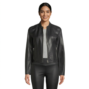 Veste en cuir véritable noire pour femme, col rond, fermeture éclair intégrale, style streetwear décontracté - Product Image 1