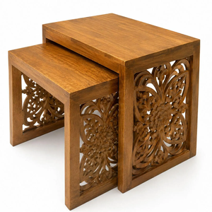 Hand Carved Wood Nested End <b>Tables</b> Natural Walnut Finish Set Of 2 Traditional Bedroom Furniture - Product Image 1