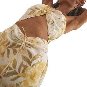사용자 정의 레이디 여름 트렌드 2022 새로운 패션 100% 린넨 옐로우 꽃 프린트 캐주얼 중공 컷 아웃 홀터 맥시 긴 여자 원피스 - Product Image 4