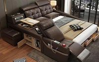 Meubles de chambre à coucher modernes blancs, lit king size en cuir, cadre en chêne, haut-parleur, chargeur USB, canapé-lit massant, garantie de 5 ans