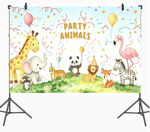 Toile de fond d'<span class=keywords><strong>anniversaire</strong></span> sur le thème des animaux de la <span class=keywords><strong>jungle</strong></span>, décor photo mignon avec animaux sauvages du bois pour la décoration de fête d'<span class=keywords><strong>anniversaire</strong></span> des enfants - Product Image 1