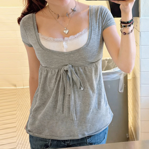 Wholesale Y2K Women Square Neck Lace <b>Patchwork</b> Lace Up T <b>Shirt</b> Cute Short Sleeve Summer Top - Product Image 1