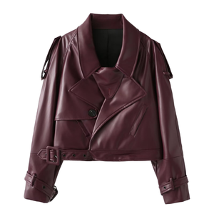 Chaqueta de Motocicleta de Cuero Acolchado Kimberley Color Granate para Mujer - Product Image 1