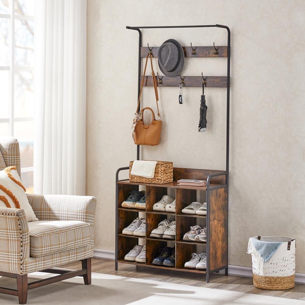 3-in-1 Coat Rack with Shoe Rack and Hanging Rod, Hall Tree for