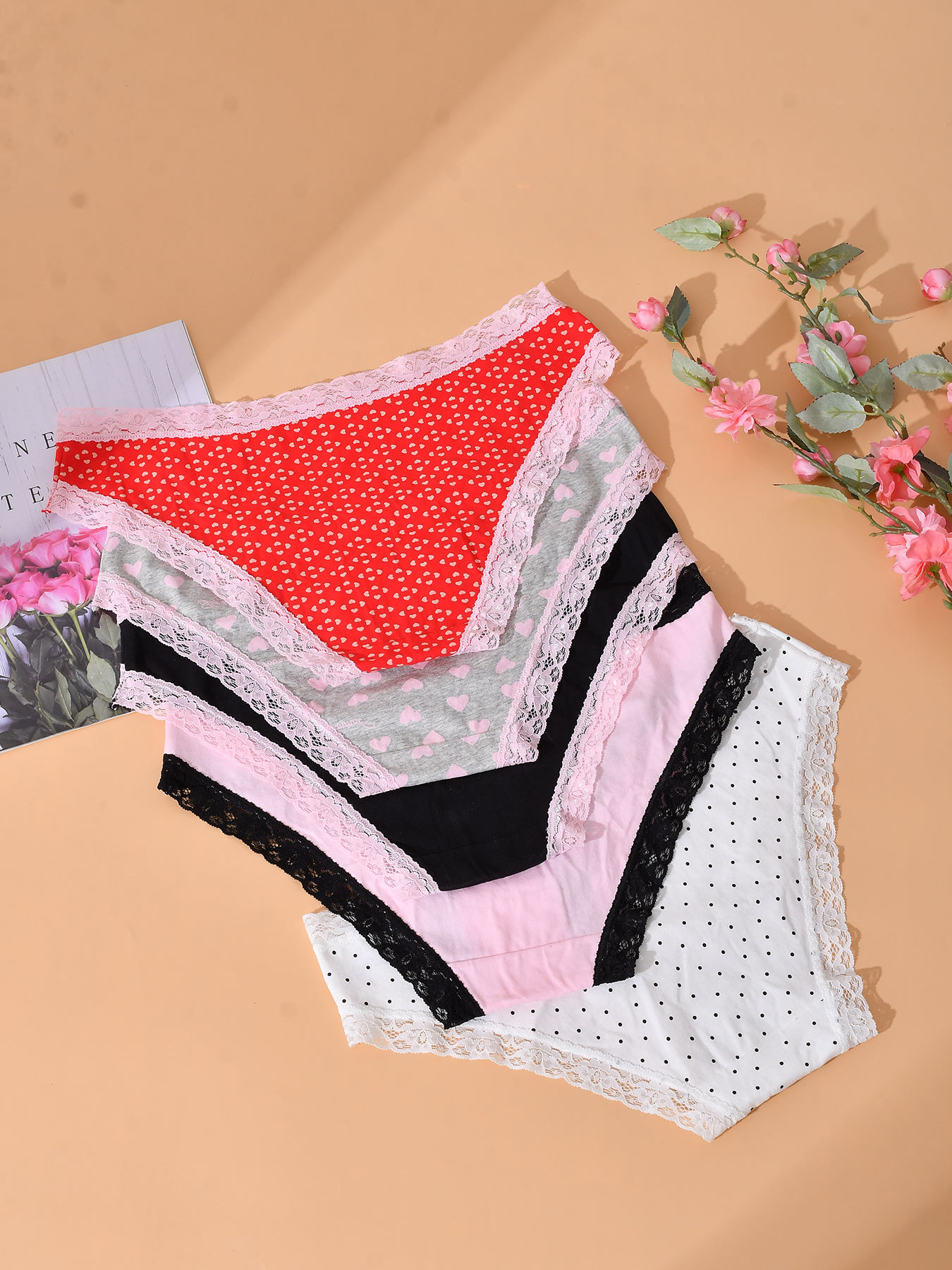 In Stock 5 Piece Breathable Women's Underwear Polka Dot Panties Woman Cotton Cheeky Panties Slips Cotton Femme with Lace Xxxl