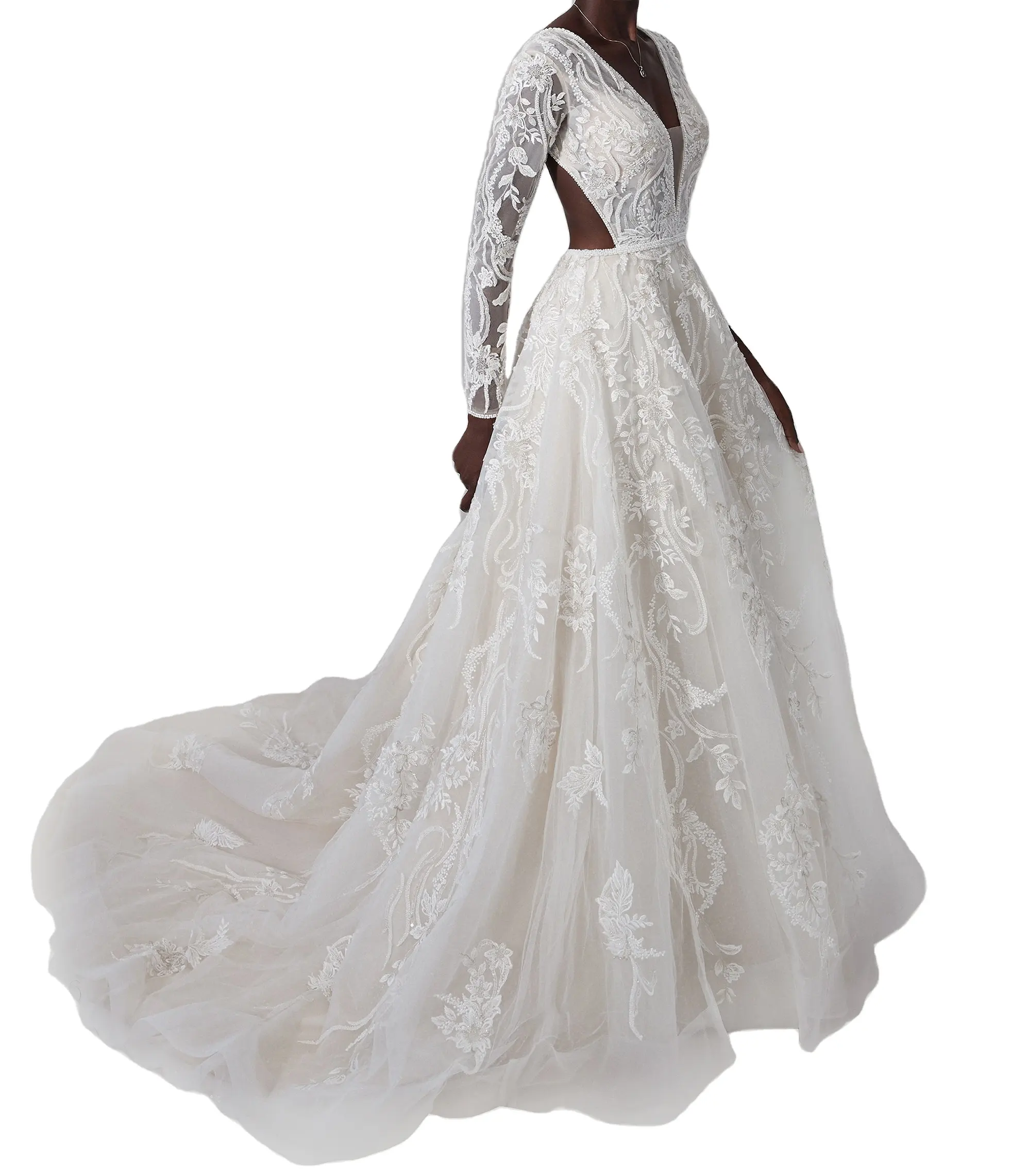 High Cratfmenship Embroidery Bridal Wedding Dress Plunging V Neck A Line Gown With Side Cutouts and Keyhole Back