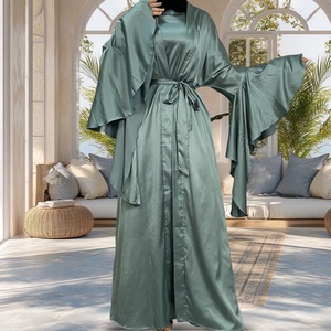 Women 2 Pieces Abaya <b>Set</b> Chic Lace up Waist Inner Dress and Ruffle Sleeves Cardigan Smooth Thin Satin Eid Muslim Abaya 1925# - Product Image 4