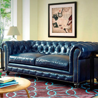 Canapé Chesterfield 3 Places De Luxe de Style Européen en Cuir Véritable Noir, Capitonné Noir, Accoudoirs Roulés, Clous Décoratifs OEM/ODM Vente en Gros