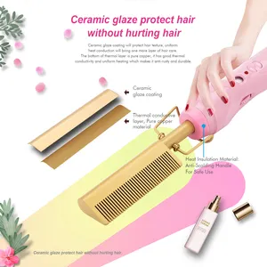 Hot Comb Electric Hair Straightener Ceramic Pressing Comb Professional Copper Bling Rhinestone Hair Straightening Irons For Wigs