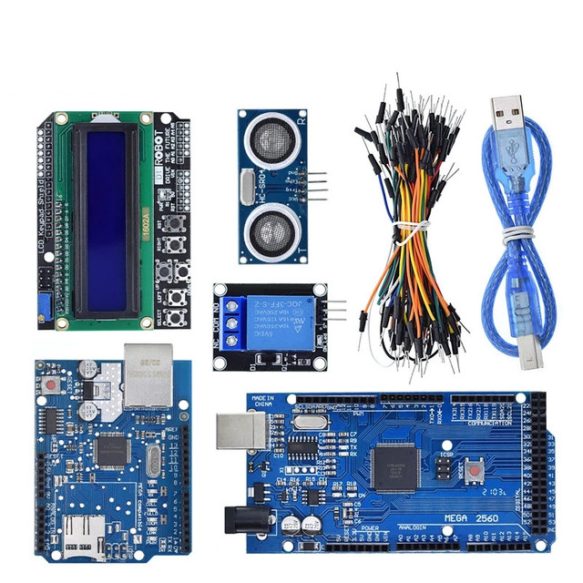 Mega 2560 r3 for arduino kit + HC-SR04 +breadboard cable + relay module+ W5100  shield + LCD 1602 Keypad shield