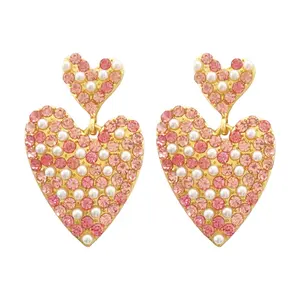 Wholesale New Products simple jewelry pink diamond pearl heart gold plated pendant stud Alloy Earrings for women