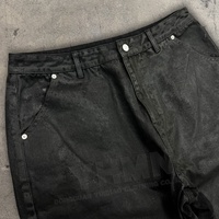 Pantalon en jean pour hommes, surdimensionné personnalisé, double genou 3D gaufré, stretch, noir, wax, jambe large, pantalon baggy