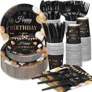 Artículos de Fiesta Modernos de 144 Piezas para Cumpleaños de 30 Años, Platos, Servilletas, Cubiertos y Vasos Dorados y Negros - Product Image 3