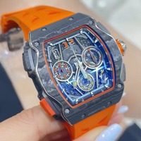 Montre mécanique chronographe squelettée robuste, boîtier en fibre de carbone, bracelet en caoutchouc orange, montre pour homme
